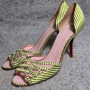 Tommy Hilfiger Striped Strappy Pumps Green White Leather Satin Sandal 7.5 Preppy